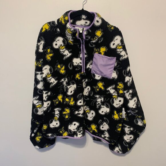 Peanuts Snoopy 3/4 Zip Black Fleece Oversized Crew Neck Jacket NWT - Picture 1 of 9